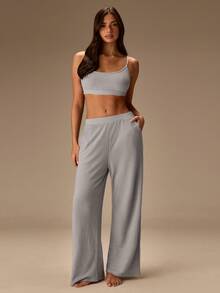 Athîral Women's Summer Simple Light Grey Waffle Knit Camisole Top And Pants 2 Pieces Set Loungewear, Casual 2pcs Lounge - Grey - View 7