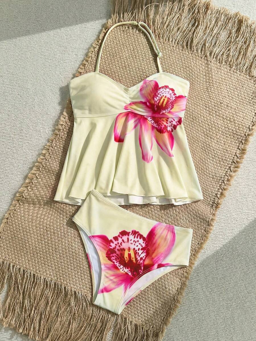 SHEIN 少女针织碎花杏色吊带比基尼套装 - 彩色 - 查看 1