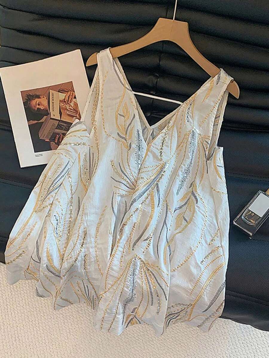Airaco Áo tank top không tay cổ chữ V kiểu retro đính sequin dành cho nữ, thời trang mùa hè. - trắng - Xem 1