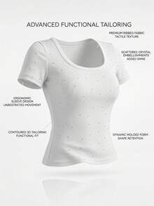 DAZY Women's Summer Scoop Neck Rhinestone Allover Print Slim Fit Casual Short Sleeve T-Shirt - White - View 8
