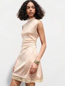 SHEIN Franclia Women's Fashion Stand Collar Sleeveless Pleated Fitted A-Line Contrast Lace Trim Elegant Party Daily Wear Mini Dress Blush Pink Summer - Apricot - View 5