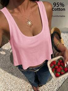 SHEIN EZwear 女士休闲宽松露脐U领背心，适合夏季穿着 - 粉色 - 查看 8