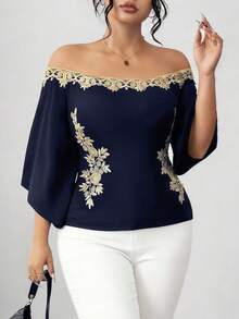 Elenzga Chemise d'été élégante à épaules dénudées avec broderie florale, grande taille - Bleu marine - Voir 1