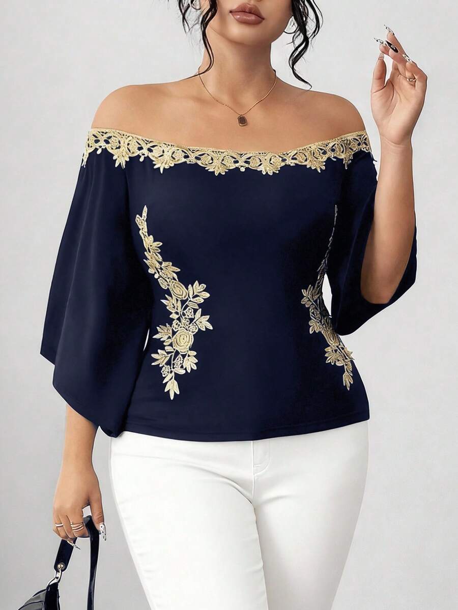 Elenzga Chemise d'été élégante à épaules dénudées avec broderie florale, grande taille - Bleu marine - Voir 1