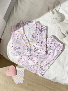 LOONEY TUNES X SHEIN GraphicGems Tween-Mädchen Sommer Schlafanzug-Set, süßer X Kollektion Muster, flammhemmendes Milchseide, weich & bequem Cardigan mit Kragen & Shorts, 2-teiliger Pyjama - Pink - Übersicht 6