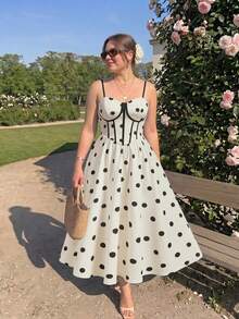 SHEIN MOD Plus Size Women's Polka Dot Print Waist Cinched Camisole Dress,Black,Summer,1920s Flapper,Tea Party Elegant Sequin Prom Graduation Formal Party Dress - Black and White - View 4