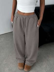 SHEIN Teen Girl Loose Fit Drawstring Pocket Wide Leg Sweatpants In Dark Grey - Dark Grey - View 6