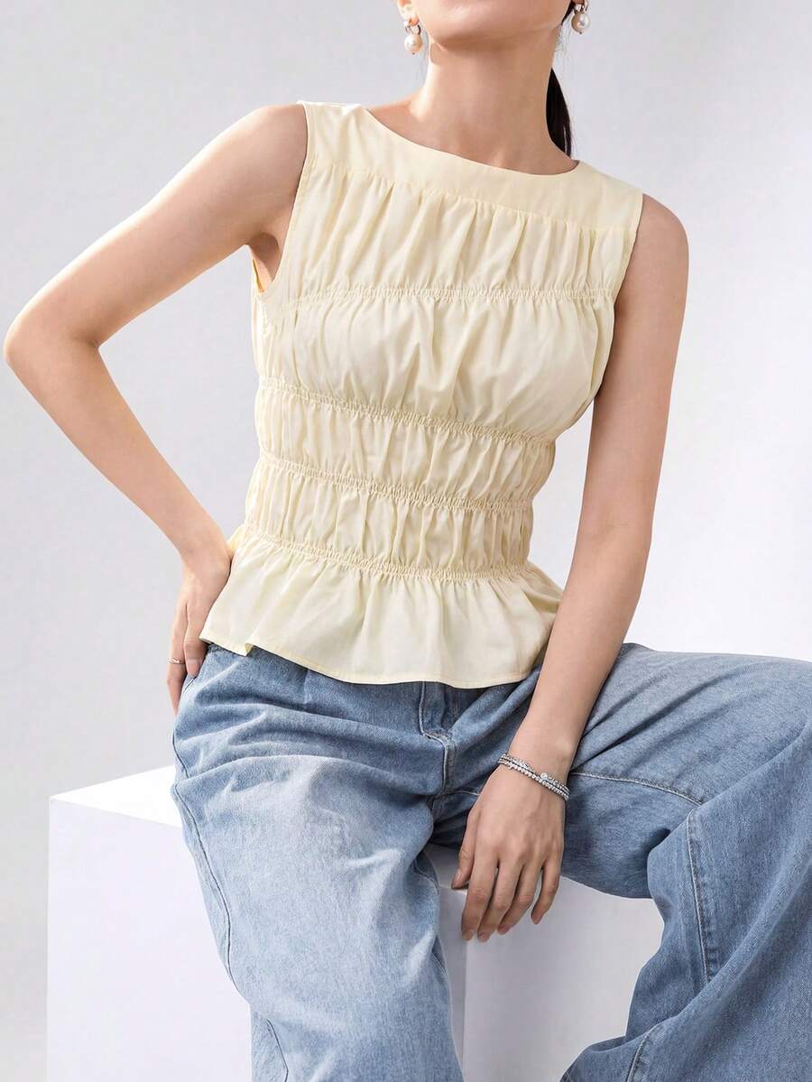 Heiryn Women's Butter Yellow Smocked Sleeveless Peplum Blouse - Summer, Butter Yellow, Ruched, Coquette, Old Money, Brunch, Vacation