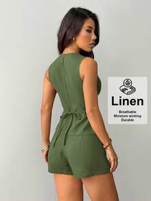 SHEIN PETITE 女款純色圓領單排扣背心與短褲休閒套裝 - 綠色 - 查看 2