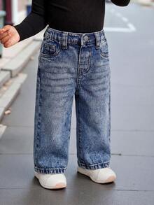 SHEIN Bubblio Quần ống rộng dáng suông màu xanh denim kiểu retro cho bé gái - Rửa trung bình - Xem 1