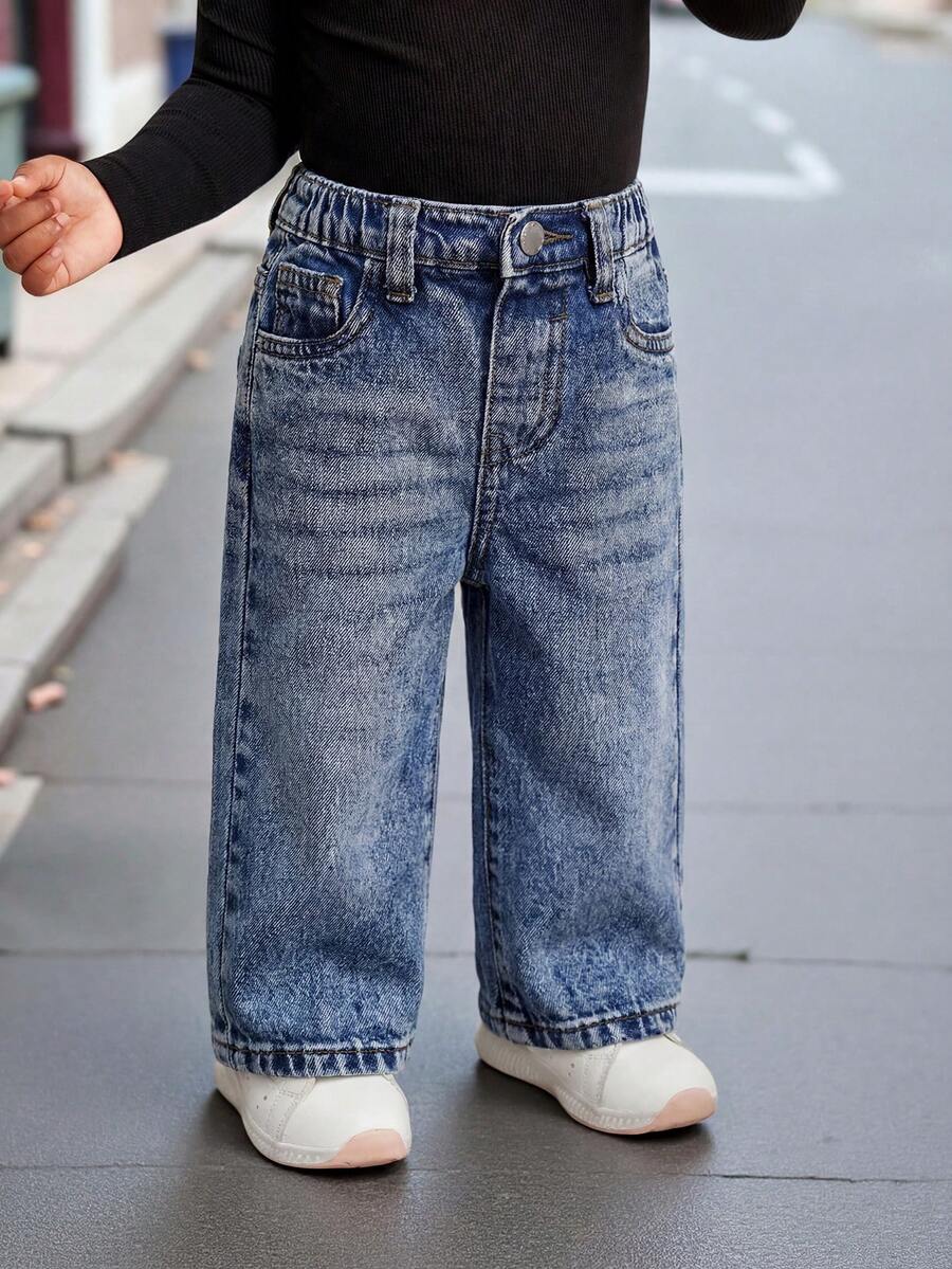 SHEIN Bubblio Quần ống rộng dáng suông màu xanh denim kiểu retro cho bé gái - Rửa trung bình - Xem 1