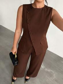 Firerie Women's Elegant Formal Brown 2-Piece Suit Set,Asymmetric Lapel Button Waist Sleeveless Blazer Vest And High Waist Pants Commuting Street Fall/Winter - Coffee Brown - View 7
