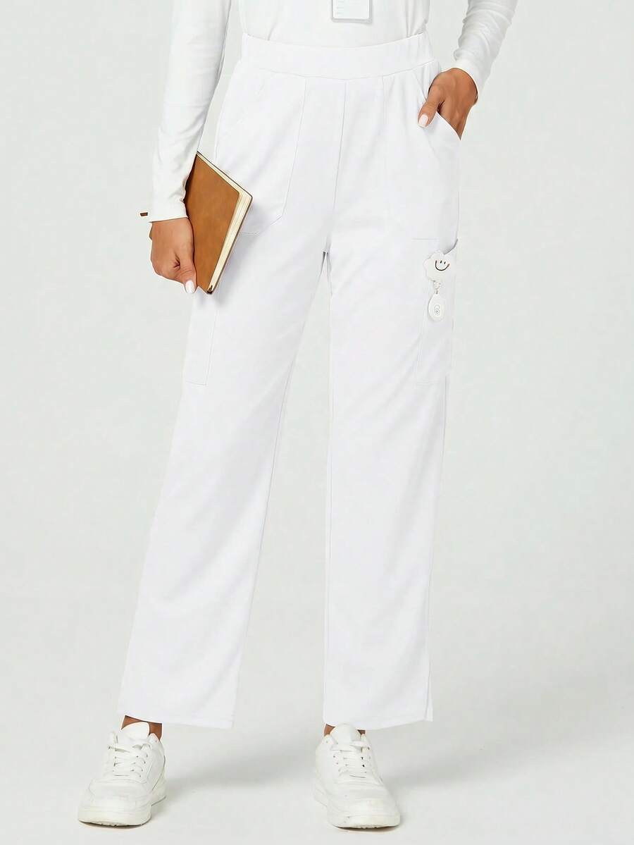 TaskEZ Solid Color Slant Pocket Elastic Waist Pants, Scrub Bottom - White - View 1