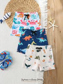 Cozy Pixies Young Boys Elastic Waist Drawstring Casual Cute Cartoon Print Summer Beach Swim Trunks - Multicolor - View 3