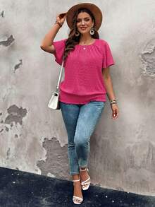 EMERY ROSE Ruffled Hem Elastic Waist Short Sleeve Round Neck Pullover Top, Plus Size Blouse - Hot Pink - View 3