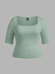SHEIN BASICS 3pcs/Set Casual Solid Color Knit Square Neck Short Sleeve Fitted Plus Size T-Shirts - Multicolor - View 6