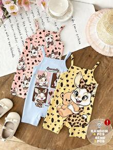 [RANDOM 4 PCS SEND 1 Pc] Baby Girls Cute Vintage Leopard Bow Rabbit Graphic Strap Romper,Soft Summer Colour Palette,Summer,Cute,Family Matching Outfit - Multicolor - View 3