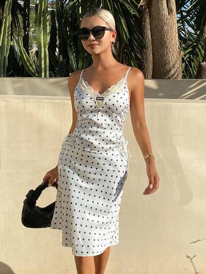DAZY Polka Dot Contrast Lace Drawstring Tie Strap Camisole & Skirt Set, Elegant Summer Vacation Outfit For Women