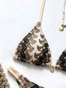 SHEIN Swim Chicsea 26SS 春夏度假沙滩波西米亚风酒红色编织比基尼泳衣套装（含裤子） - 彩色 - 查看 3