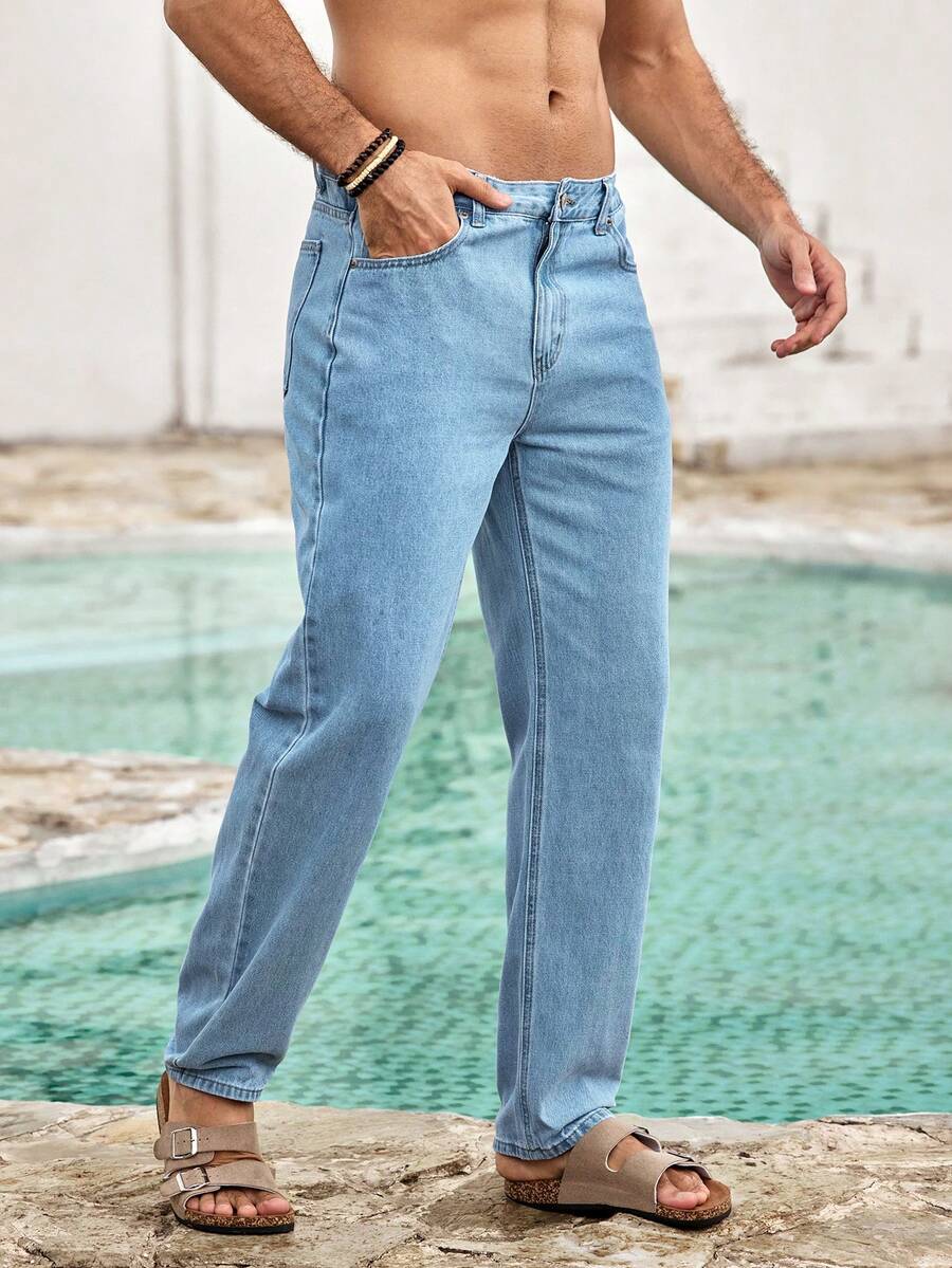 Mercer Haus Men Cotton Slant Pocket Straight Leg Jeans - Light Wash - View 1
