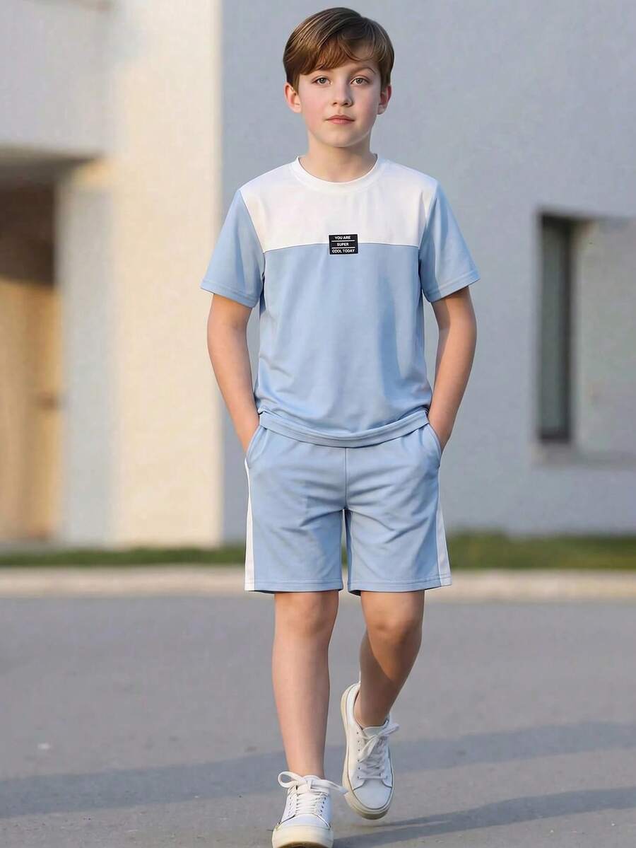 Vacaura Set de 2 camisetas de cuello redondo con bloques de color para niños, cómodas y de moda para uso diario, escuela y deportes - Azul - Ver 1