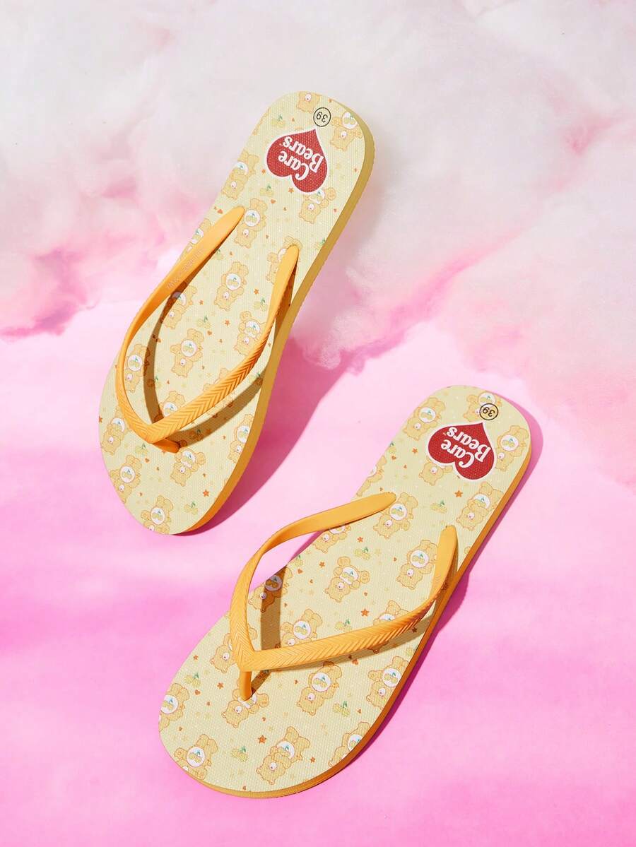 SHEIN X Care Bears 女款可愛卡通夾腳拖鞋,夏季穿著卡通彩虹印花防滑度假沙灘涼鞋 - 薑色 - 查看 1