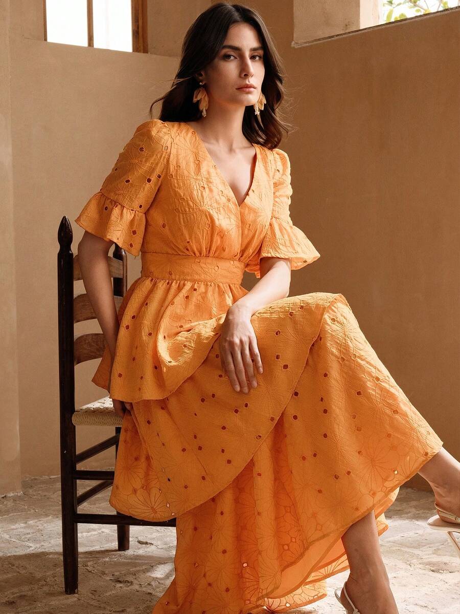 Anewsta Elegant V-Neck Orange Woven Vacation Dress For Women - Orange - View 1