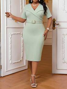 SHEIN Lady Work Outfits For Women  Plus Size Elegant Solid Color V-Neck Fitted Dress, Summer Cocktail Work Office Sage Green - Mint Green - View 3