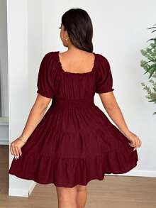 Vionelle Plus Size Elegant V-Neck Puff Sleeve Ruched Chiffon Dress - Burgundy - View 7