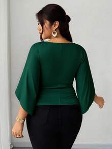 Elenzga Plus Size Cinched Waist Casual French Style Versatile T-Shirt - Dark Green - View 8