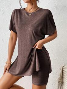 SHEIN Frenchy Batwing Sleeve Split Hem Tee & Biker Shorts Split Two Pieces,Summer Outfits For Women - Coffee Brown - View 4