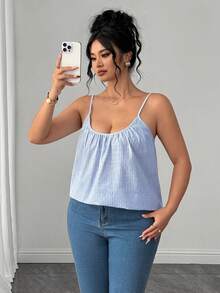 SHEIN LUNE CURVE Rompi Camisole Kasual Bergaris Depan Berkerut, Terbuat dari Campuran Katun, Cocok untuk Semua Musim, Untuk Perjalanan, Liburan, dan Pakaian Elegan untuk Berbagai Acara, Ukuran Plus - Biru - View 3