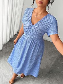 Elenzga Plus Size Elegant Casual V-Neck Ruched Design Short Sleeve Jacquard Knit Dress For Women - Blue - View 7