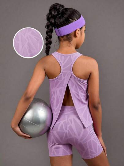 Set de 2 piezas de top sin mangas con espalda abierta de tela de malla suave y shorts elásticos de cintura alta para niñas, adecuado para ejercicio y deportes, conjunto de verano