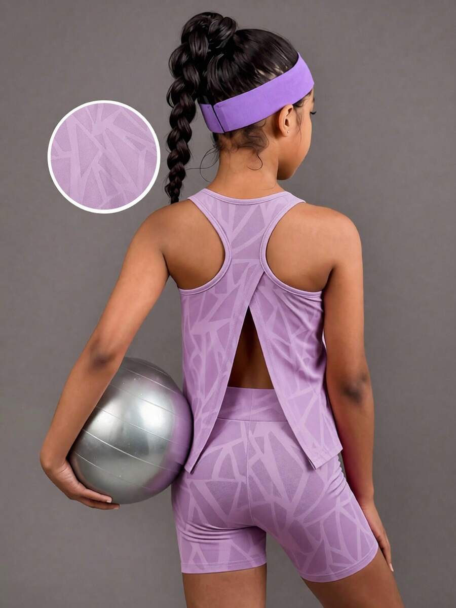 Tween Girls' Purple Summer Athletic Modest Gym Sports Shorts Set,Geometric Print Mesh Tank Top With Cutout High-Waisted Shorts,Yoga Running Track Suit - Purple - View 1