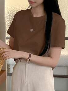 DAZY Women Solid Color Heart Hollow Out Round Neck Short Sleeve Casual T-Shirt - Coffee Brown - View 3