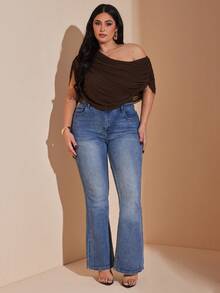SHEIN BAE Plus Size Women Solid Color Asymmetrical Shoulder Ruched Casual Bodysuit, Versatile For Daily Wear - Coffee Brown - View 6