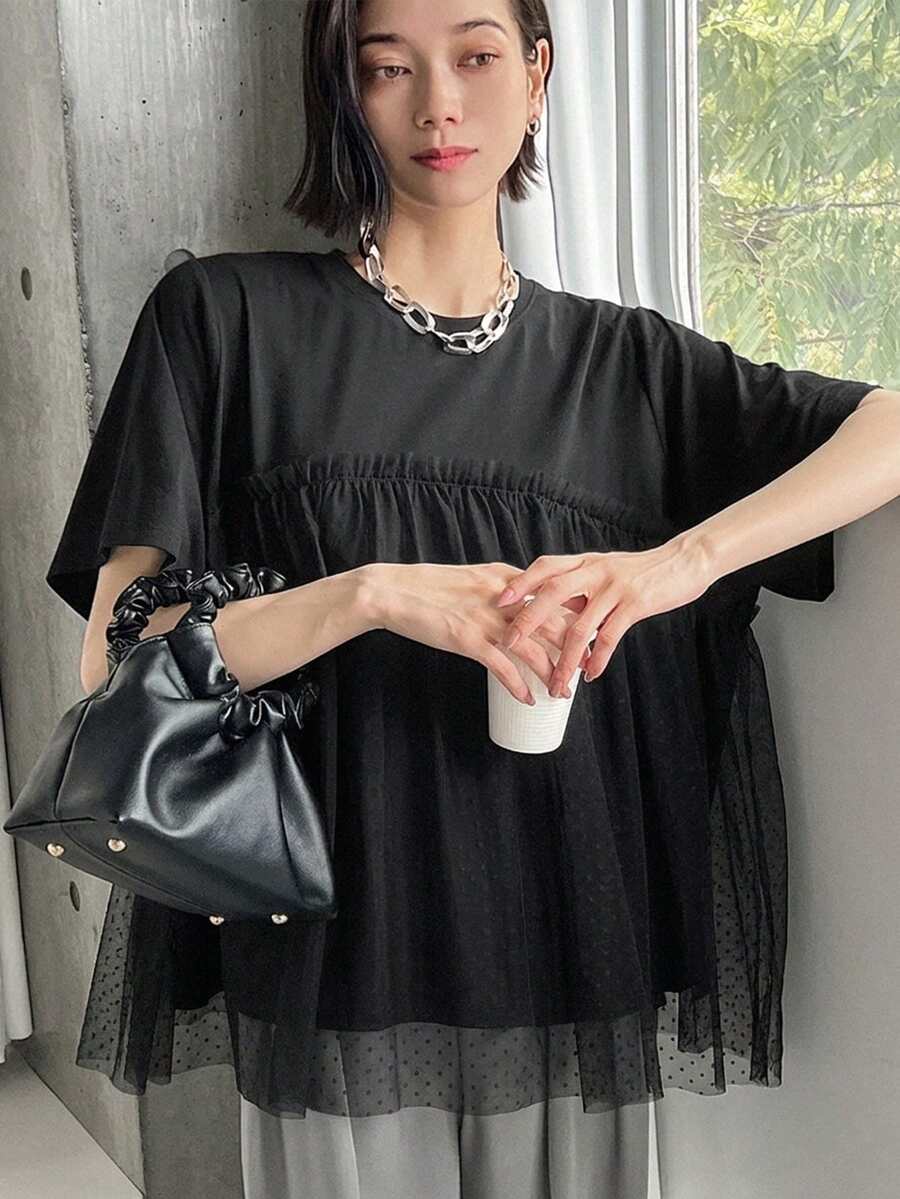FRIFUL Women's Solid Color Round Neck Short Sleeve T-Shirt With Mesh Ruffle Hem School - Black - View 1
