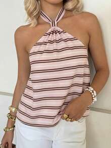 SHEIN EZwear Women's Striped Casual Versatile Halter Top - Multicolor - View 5