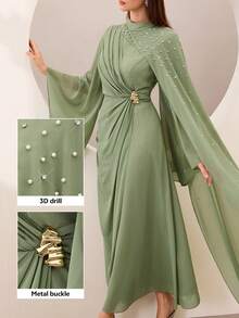 Graceveil Vestido plisado con cuello fruncido y cintura con adornos de strass en verde oliva - Verde Oliva - Ver 1