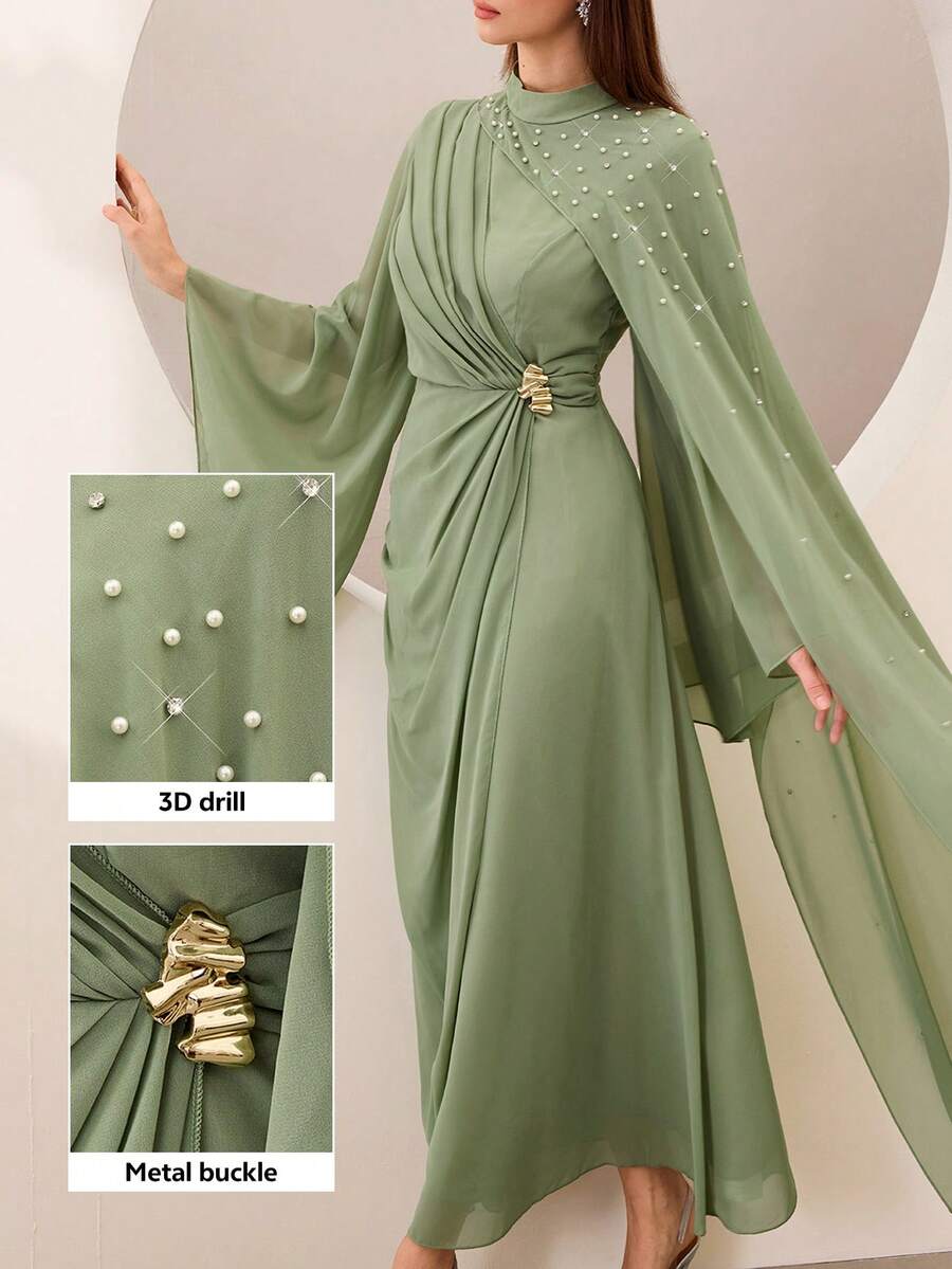 Graceveil Vestido plisado con cuello fruncido y cintura con adornos de strass en verde oliva - Verde Oliva - Ver 1