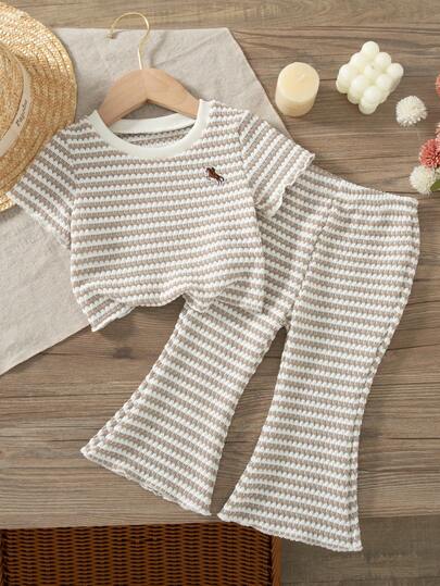 Genkimix Kids Baby Girls' Casual Knit Striped Floral Short Sleeve Top And Flare Pants T-Shirt Set, Comfortable Summer Everyday Outfit