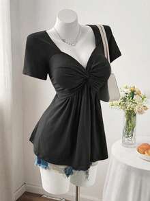 Sweetra Plus Size Women Summer Casual Commuting Minimalist Solid Color Keyhole Twist Front Babydoll Tee - Black - View 6