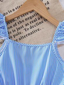 Girls' Blue And White Striped Summer Romper,Cute Flutter Sleeve Ruffle Trim V-Back With Bow,Elastic Waist Vacation Holiday Outing Youthful Romper - Blue - View 5