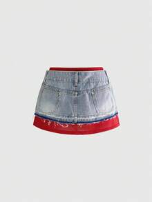 ROMWE Street Life 世界杯运动撞色腰带紧身迷你牛仔裙 - 藍色 - 查看 7