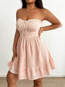 Vionelle 大码春夏法式复古刺绣蕾丝抹胸连衣裙 - Sugar Pink - 查看 5
