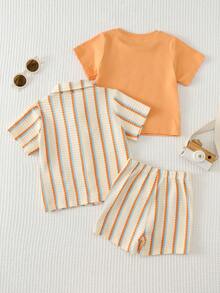 Cozy Pixies Bộ 3 món mùa hè năng động, dễ thương, áo sơ mi kẻ sọc vàng, áo phông in tiếng Anh và quần short xanh dương, bộ áo thun ngộ nghĩnh cho bé trai. - trái cam - Xem 2