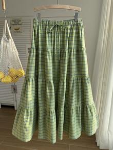 Comfortcana Plus Size Green Plaid A-Line Skirt, Suitable For Spring/Summer Vacation - Green - View 12