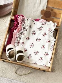SHEIN Vintaside Kids Baby Sleeveless T-Shirt With Ruffle Sleeve, 4 Colors Available, Solid Color & Cute Print, Comfortable Summer Top For Infants - Pink - View 2