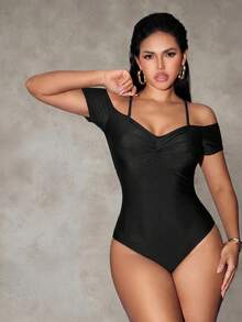 Shapewave Traje de baño de una pieza con hombros descubiertos de unicolor para mujer - Negro - Ver 7